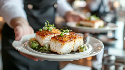 服务员手持鱼肴庆祝宴会