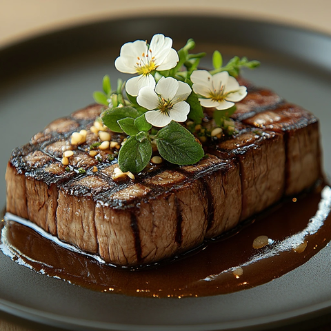 烤牛排配蝗虫酱和花装饰
