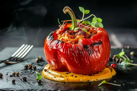 黑石板上的烤辣椒配金酱