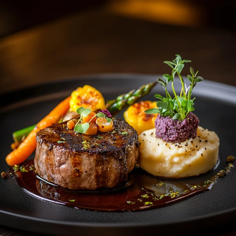 香烤牛排配烤蔬菜和松露土豆泥