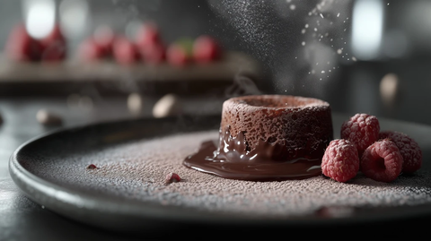 巧克力熔岩蛋糕配新鲜覆盆子