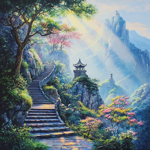 山间石阶小路与亭台的自然风光