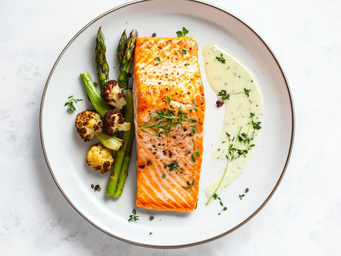 烤三文鱼配野菜薯泥