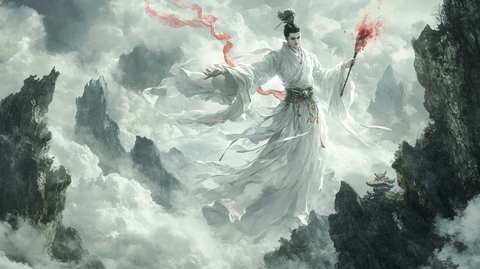白衣仙人持杖于云海群山间凌空而立