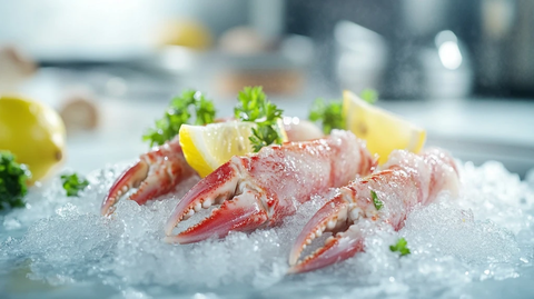 鲜红蟹腿摆盘冰块上