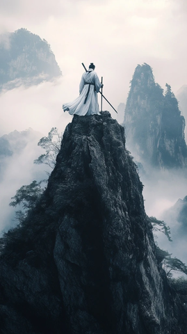 白衣侠客持剑站立于云雾缭绕的山巅