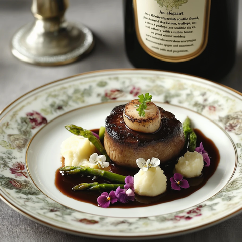 煎带子配松露泡沫与食用花