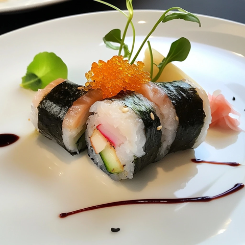 鱼卷蔬菜白盘摆盘