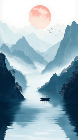 江水波涛船影山雾