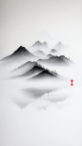 山水墨画白雾红点