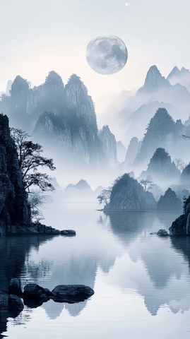 远山朦胧月色下