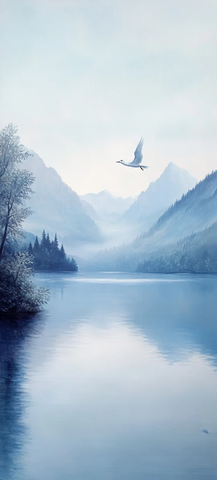 白鸟飞过湖面山间