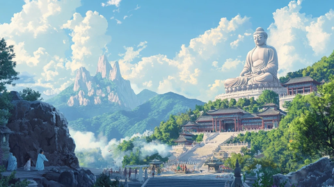 山间大佛景观及周边古建筑群全景