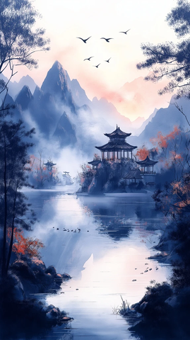 湖面雾气鸟群山峦