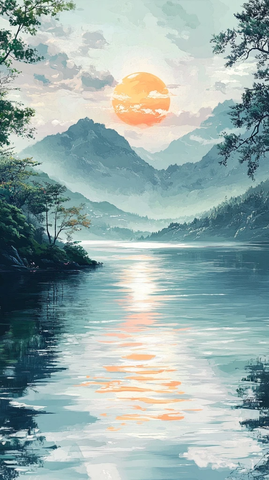 湖面日出青山绿树映照