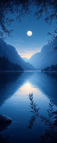 湖水月夜山影橄榄枝