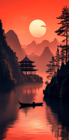 山水夕阳红霞映