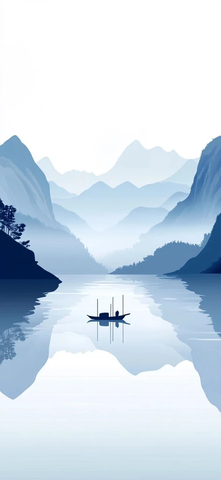 雾中山峦湖面渔船