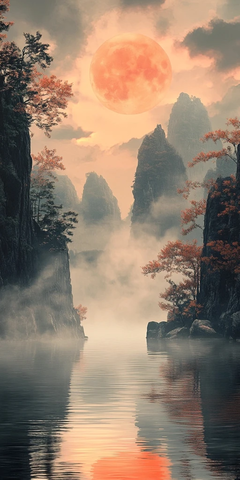 山水墨色日出景观