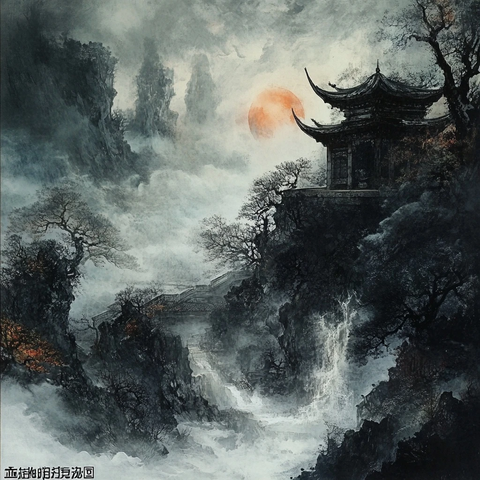 云雾缭绕山间的中式古亭落日景观