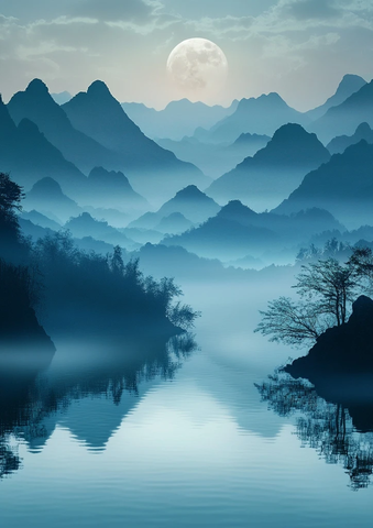 月光水镜映山影晨光渐显青山色