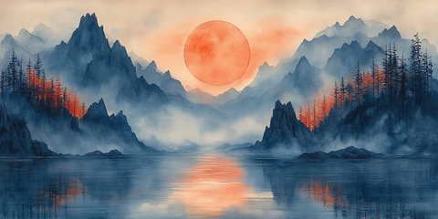 雾月山峦晨曦红杉