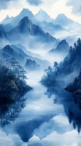 湖水山景墨画