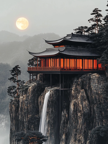 悬崖上的古风建筑夜景