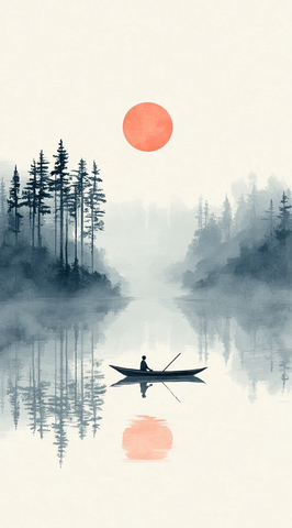 渔夫湖上划船红日映树影