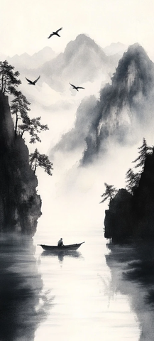 水墨山水小舟老翁白鹭飞翔