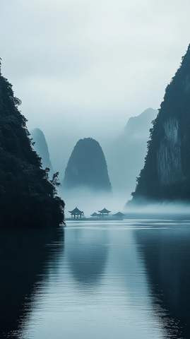 雾霭笼罩的河面与石灰岩