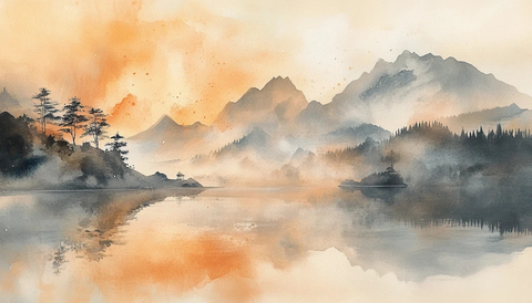 山水湖光倒影图