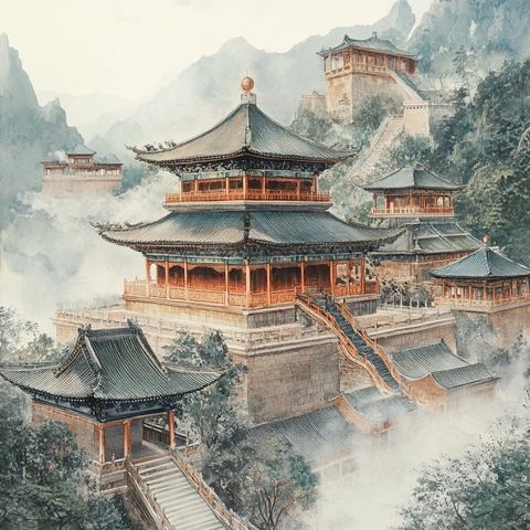 山间中式古建筑群全景