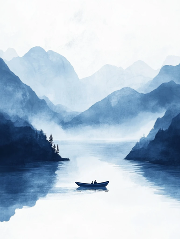 山水长卷舟行江上河岸静美