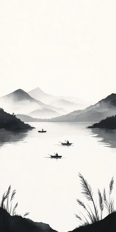 湖中小岛渔船墨绘图