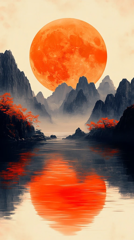 月升山水平静水面