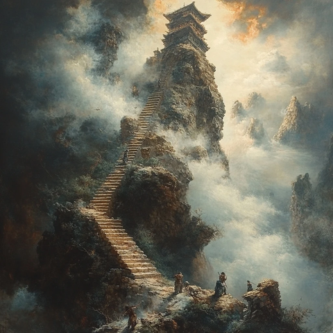 云雾缭绕中通往山峰古塔的陡峭阶梯