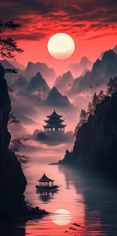 山水夕阳红霞映