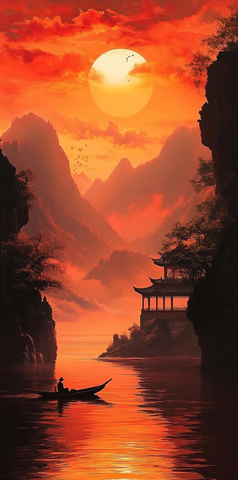 山水夕阳红霞映