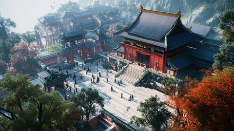 古建筑群全景多人活动其中