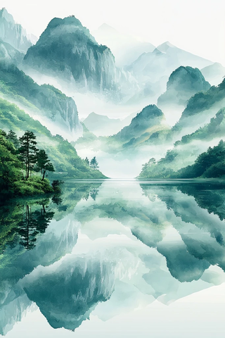 山峦静水绿意云雾