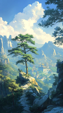 山间古松与古建筑相映成趣的自然景致