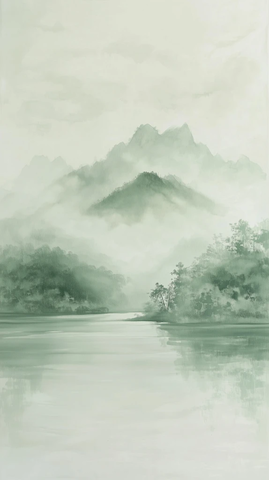 小山墨绿色画中静谧