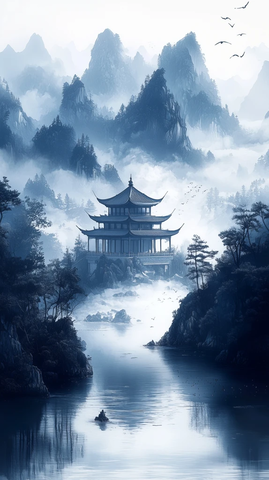 山水云雾间亭台楼阁映