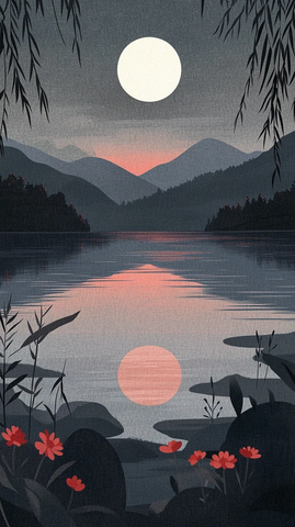 月夜河岸垂柳微风