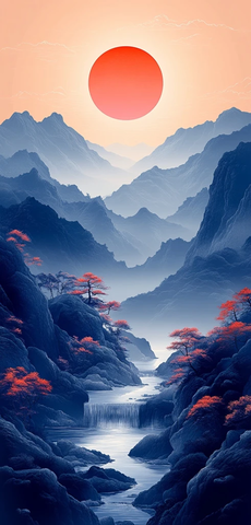 日落山脉景色矢量插画