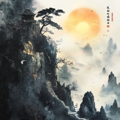 云雾缭绕山间古亭与落日相映的画面