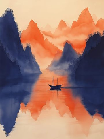 小舟浮水山烟墨画