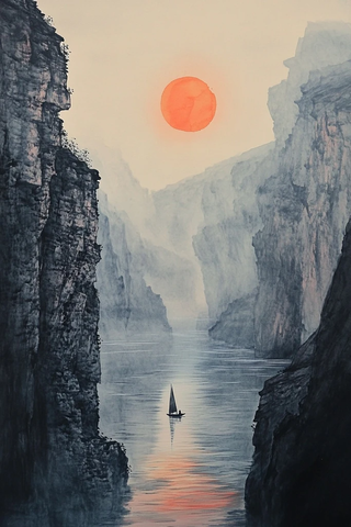 悬崖河畔小帆船夕阳