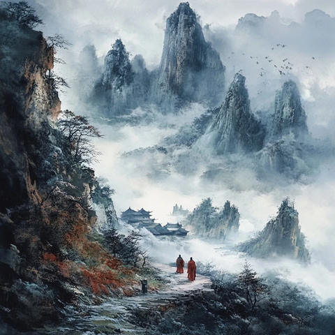 山间小路上的红衣人物与云雾中的古建筑